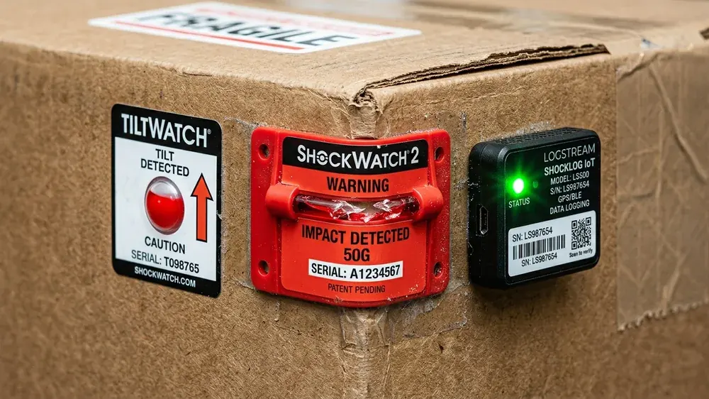 Wskaźniki wstrząsu ShockWatch 2, przechyłu TiltWatch oraz cyfrowy rejestrator IoT na narożniku kartonu